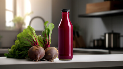A bottle of beet juice and fresh beets on the table on a blurred background of a light kitchen. free space for text and bottle mockup for presentation of beetroot juice or drink - obrazy, fototapety, plakaty