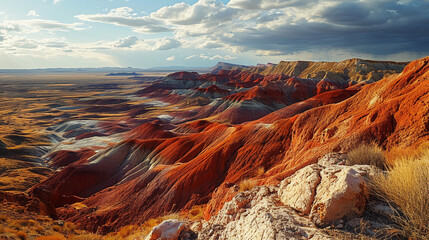Painted Desert Palette:  The Painted Desert showcasing a vibrant palette of red, orange, and purple hues, creating a breathtaking display of natural colors - obrazy, fototapety, plakaty