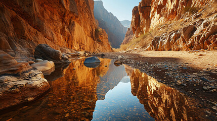 Desert Canyon Reflections:  A desert canyon with a tranquil stream, reflecting the surrounding cliffs and creating a serene oasis within the arid landscape