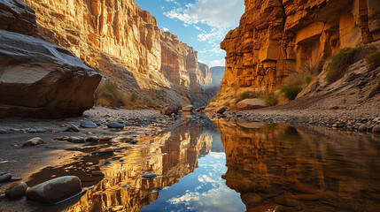 Desert Canyon Reflections: A desert canyon with a tranquil stream, reflecting the surrounding cliffs and creating a serene oasis within the arid landscape