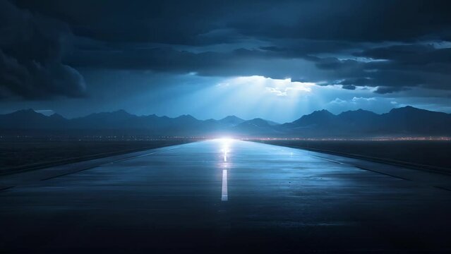 Break in the Storm: Sun Rays Piercing Through Clouds Over a Lonely Road Runwayat Night