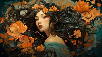 An illustrated woman among the flowers