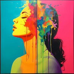 hiperrealistic an inverted psicodelic in four parts. 1 in color pink. 2 in color green. 3 in color yellow. 4 in color orange On a light blue wall like a sheet a simple silhouette of a woman drawed wit