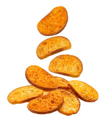 Baked crackers, bread croutons isolated on white background