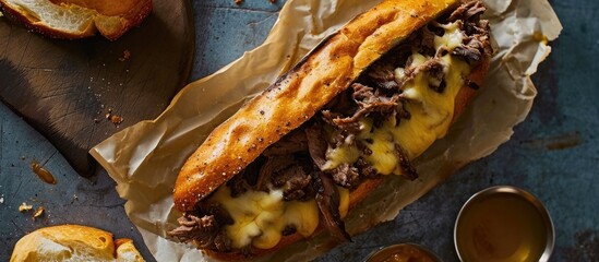 Top view of a Philadelphia cheese steak sandwich on parchment paper, on a table. - obrazy, fototapety, plakaty