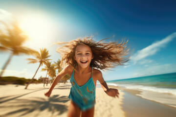 Happy girl in mid-run on a sunny beach, her hair wild with the wind.