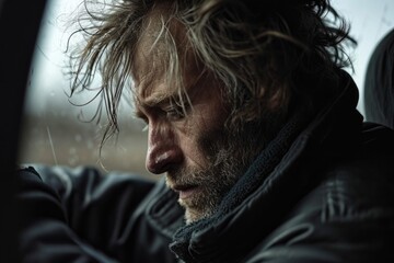 Fototapeta premium Portrait of a Man with a Sorrowful Look and Rain-Soaked Hair