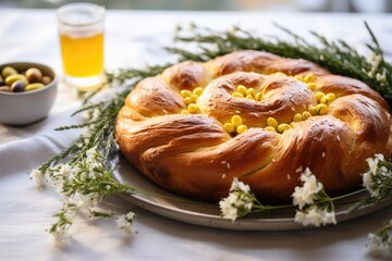 Close-up shot of Tsoureki, Traditional Greek Easter bread, beautifully presented on a table adorned with olive branches and spring flowers