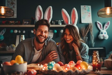 Romantic Easter celebration with a couple and colorful eggs - Powered by Adobe