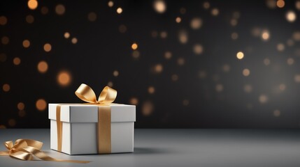 Luxury white gift box with gold ribbon in black background and, minimal gift box, birthday, happy, Mother's Day, Father's Day, black friday, white package, golden lights, blurred bokeh, generative AI - obrazy, fototapety, plakaty