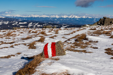 Directional path mark with Austrian flag painted on rock on the way to Ladinger Spitz, Saualpe, Carinthia, Austria, Europe. Hiking trail on alpine meadow covered in snow in the Austrian Alps