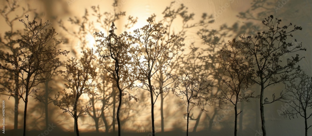 Poster outline of trees cast on plain wall surface for backdrop.