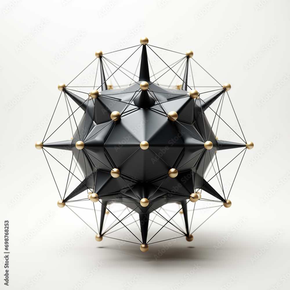 Poster abstract 3d rendering of black sphere with connected lines and dots.