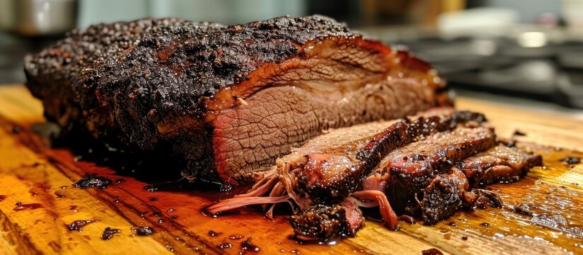 Texas BBQ brisket smoked on a hickory chamber smoker and grill.