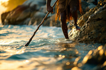 Coastal tribal fishing, a primitive coastal society engaged in traditional fishing practices, showcasing the connection between early human communities and their natural environment. - obrazy, fototapety, plakaty