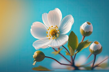 White spring flowers on a blue background. Photo in retro style