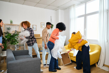 Group of students moving in a student residence at the university. New apartment relocation. - obrazy, fototapety, plakaty