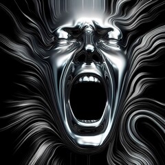 Metal  chrome humanoid cyborg portrait screaming - obrazy, fototapety, plakaty