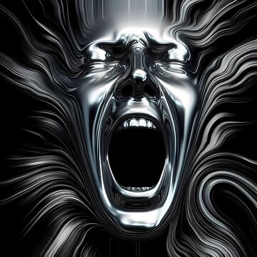 Metal  chrome humanoid cyborg portrait screaming