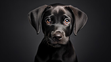 Studio portrait of a cute black labrador retriever puppy on a black background.