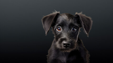 Studio portrait of a cute black labrador retriever puppy on a black background.