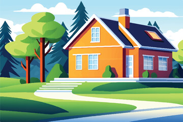 House in mountains beautiful landscape. House vector background. Beautiful House in Mountain Residential District. Cartoon vector illustration. House landscape. House in mountains.