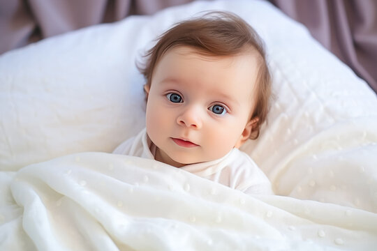 Portrait of a cute little baby girl lying on the bed.