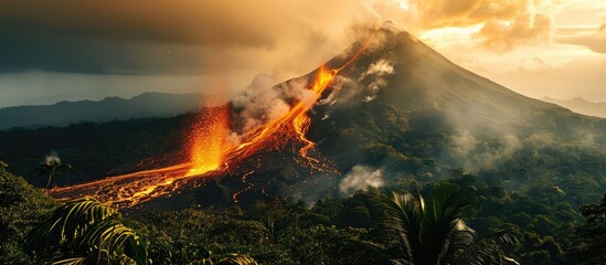 Volcanic eruption in Costa Rica, surrounded by rainforest. - obrazy, fototapety, plakaty