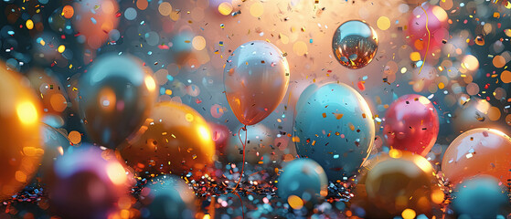 conjunto de globos de colores en el aire  con purpurina y brillantina sobre fondo desenfocado en...