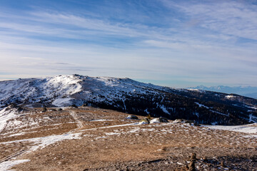 Hiking trail on frozen alpine meadow from Ladinger Spitz to Gertrusk, Saualpe, Lavanttal Alps,...