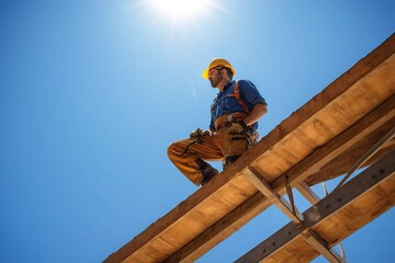 A structural construction expert checks the wooden beams of a new roof.