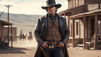 Gunman from an American western movie, in a dusty town.