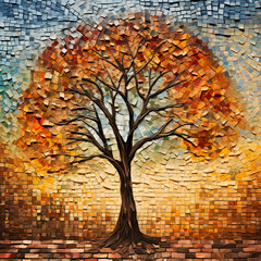 Mosaic of a tree under a sky at sunset (Generative AI)