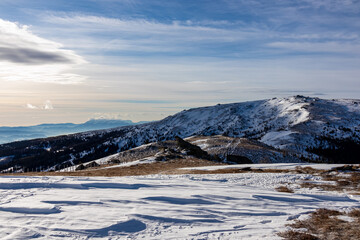 Scenic view of snow covered alpine meadow on hiking trail between Gertrusk and Ladinger Spitz,...