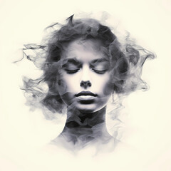 Pencil drawing of fine detail with squiggly lines of a woman's silhouette formed by the smoke of the candle, soft watercolor with subtle splash on parchment, minimalist on white background, illustrati