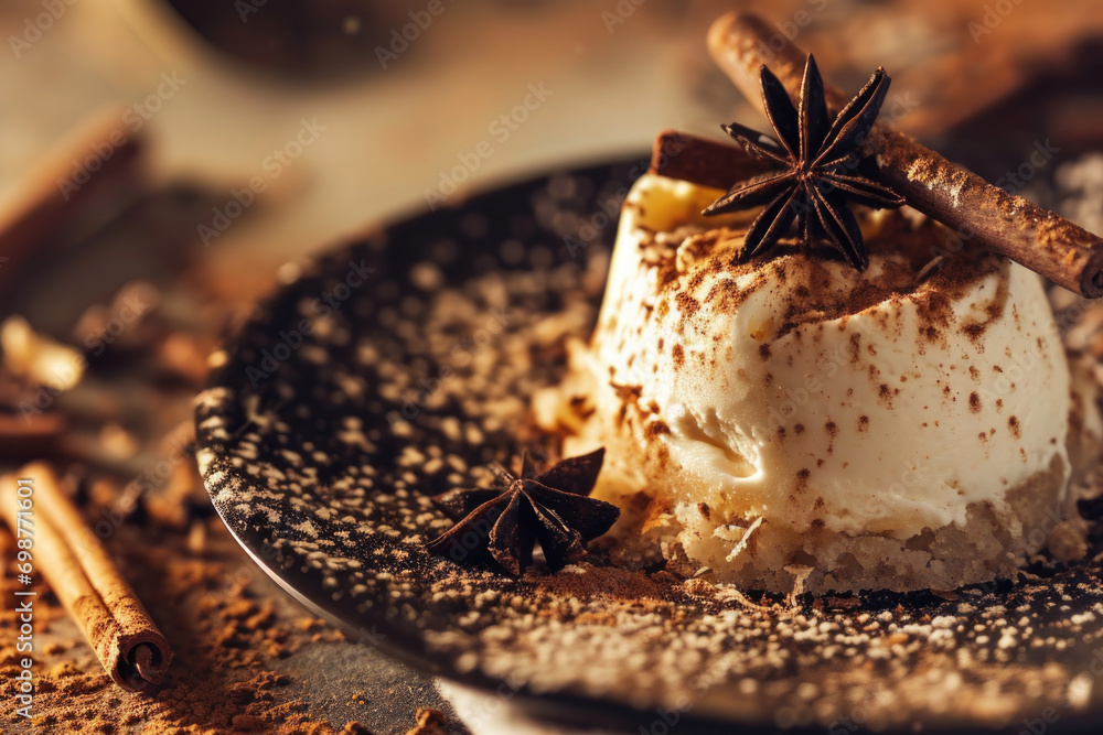 Poster a delicious dessert served on a plate with a sprinkle of cinnamon and star anise. perfect for adding