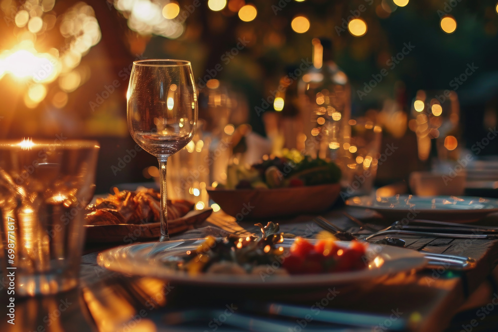 Poster a table set for dinner with a glass of wine and plates of delicious food. perfect for food and dinin