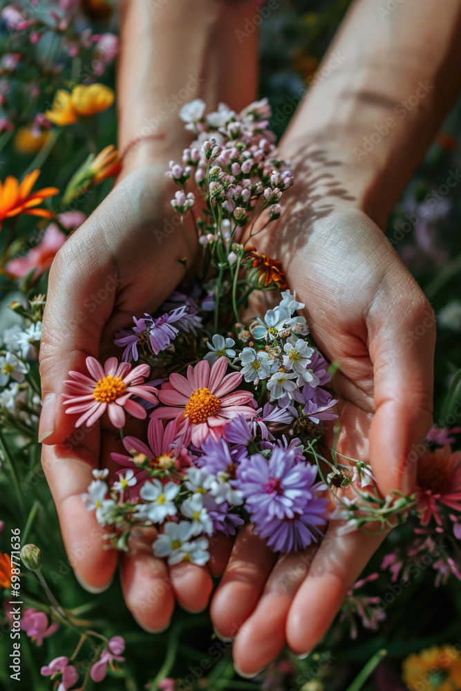 Poster A person holding a bunch of flowers. Can be used to convey love, gratitude, or as a gift