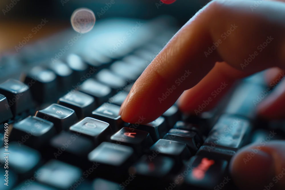 Poster A person is typing on a computer keyboard. This image can be used to illustrate technology, work, or online communication