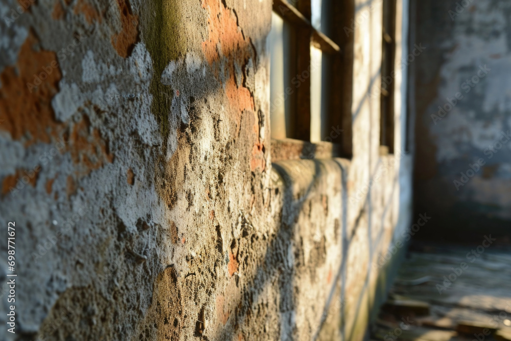 Poster an image of an old building with a barred window and a brick wall. can be used to depict decay, aban