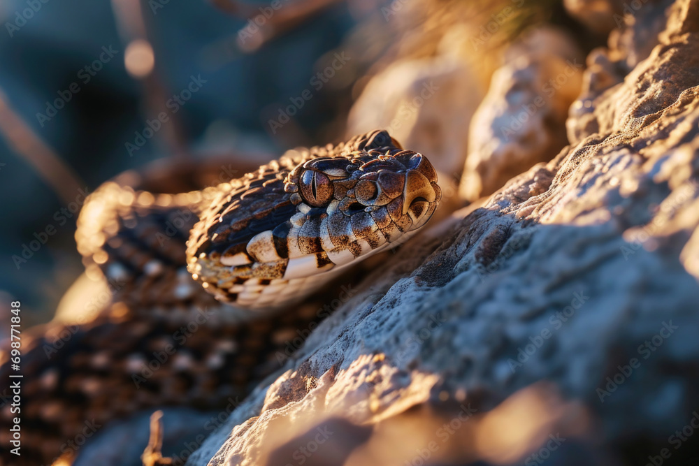 Poster a close-up view of a snake resting on a rock. this image can be used to depict wildlife, reptiles, o