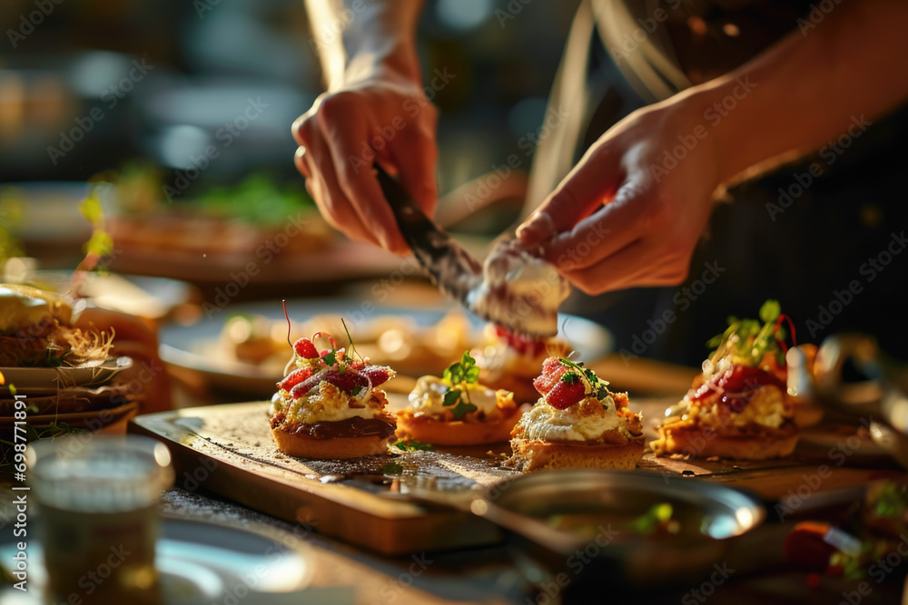 Poster a person is seen adding various toppings to enhance the appearance and taste of the food. ideal for 
