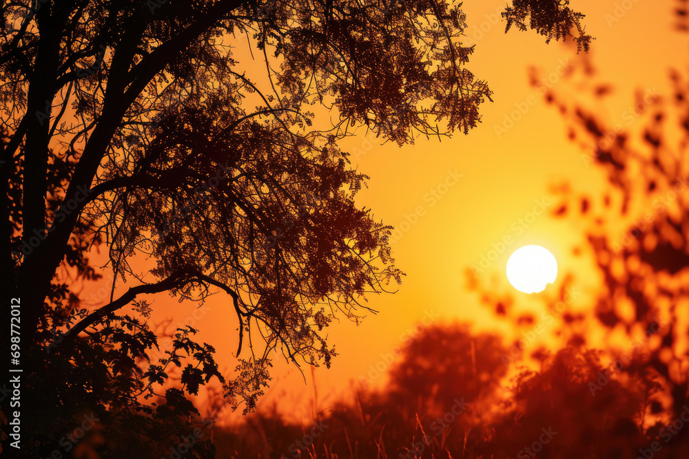 Poster A beautiful sunset with the sun setting behind a tree in a field. Perfect for nature and landscape backgrounds