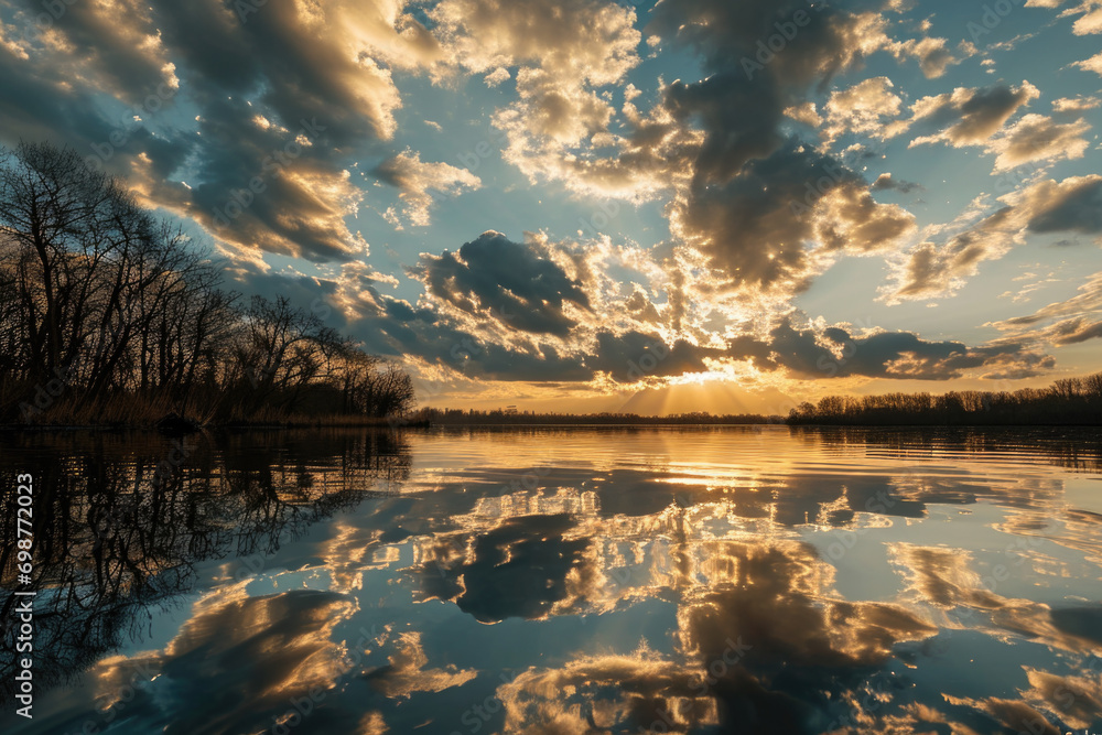 Aufkleber a serene scene of the sun setting over a lake with beautiful clouds in the sky. ideal for nature and