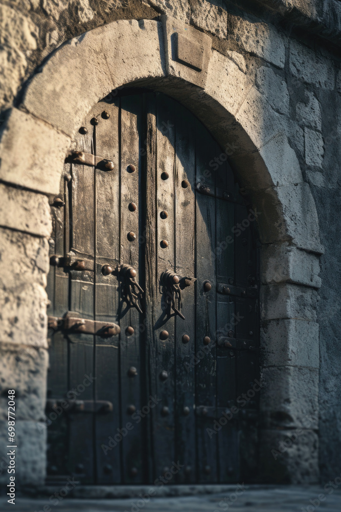 Poster A picture of a sturdy wooden door with iron bars. Perfect for adding a touch of security and rustic charm to any project