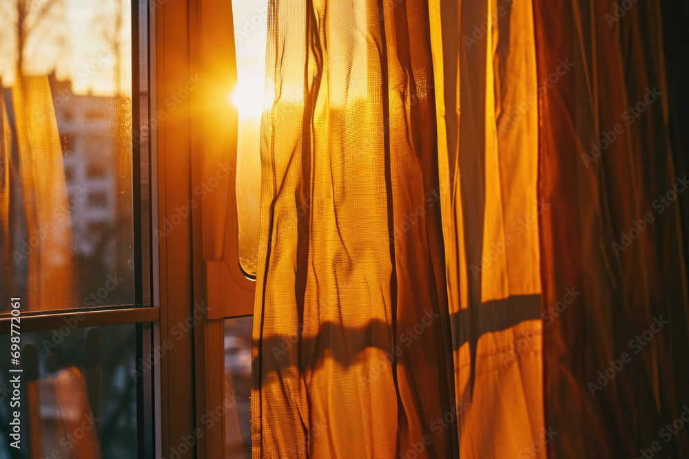 Poster Sunlight streaming through the curtains of a window. Perfect for adding warmth and natural light to any space