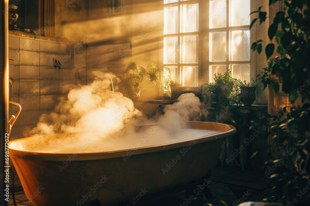 Poster a bathtub with steam rising from it, creating a relaxing and soothing atmosphere. perfect for spa an