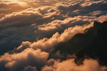 A picture of a plane flying high in the sky above the clouds. Can be used to depict travel, adventure, or the beauty of nature