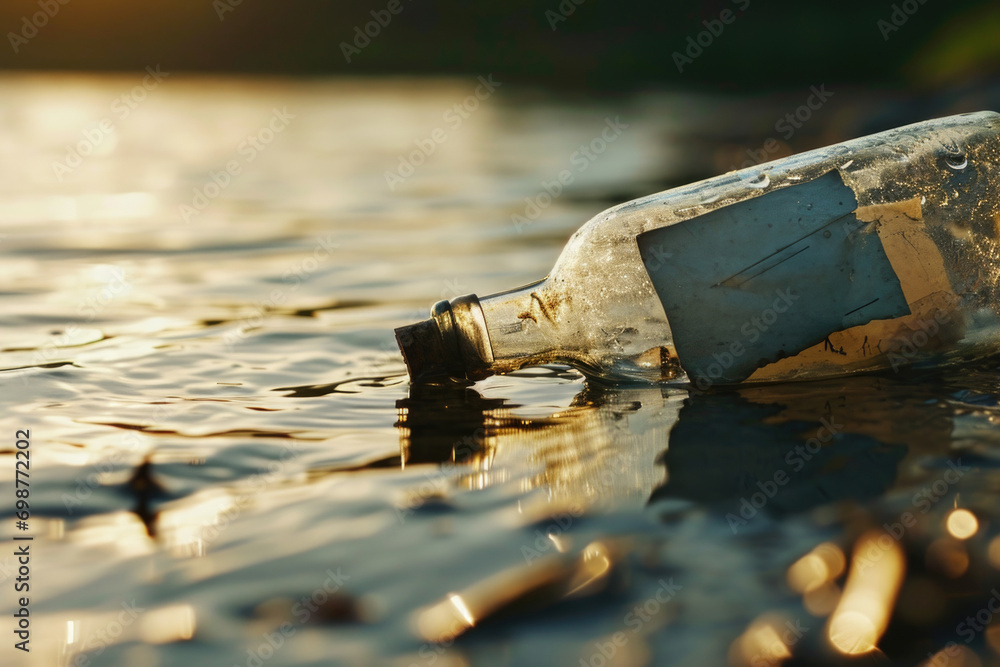 Poster a plastic bottle floating on top of a body of water. can be used to highlight the issue of plastic p