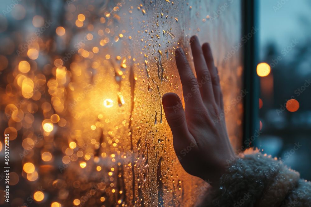 Poster a person holding their hand out of a window covered in rain. suitable for illustrating concepts of l